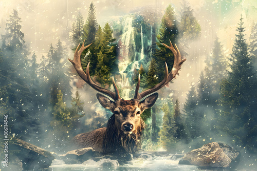Deer's head with a waterfall transforming into forest. Animal head with tree and waterfall that morphs into tree branches, forest.