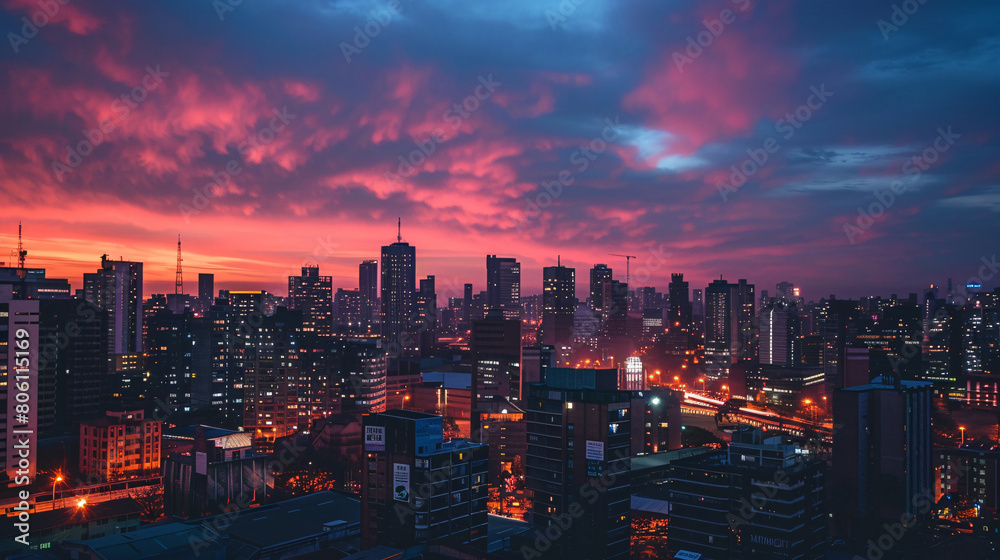 Fototapeta premium Urban skyline of a BRICS nation at sunset, reflecting economic growth, industrial expansion, and the rise of digital economies