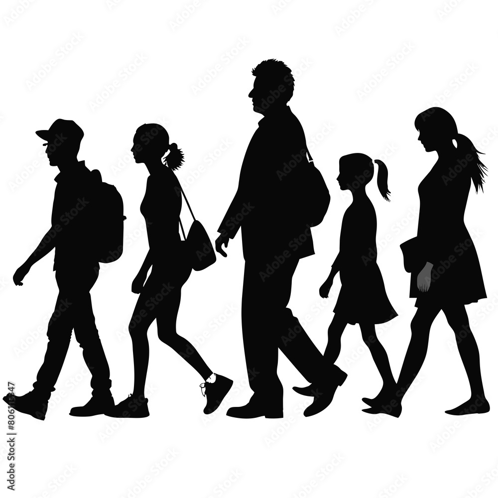 silhouette of group of a people walking on white background