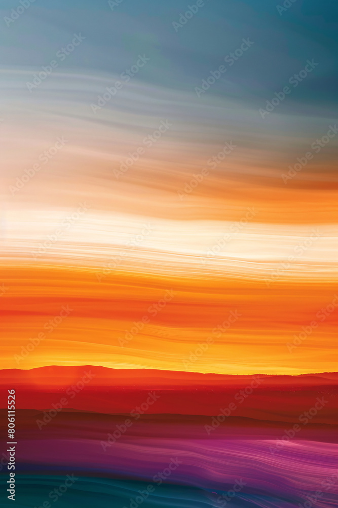 Abstract gradient sunset wall art with warm and cool tones. Modern and tranquil vibe. Vibrant sunset wall art with abstract gradients. Colorful landscape of bright orange sky and blue ocean. Peaceful.