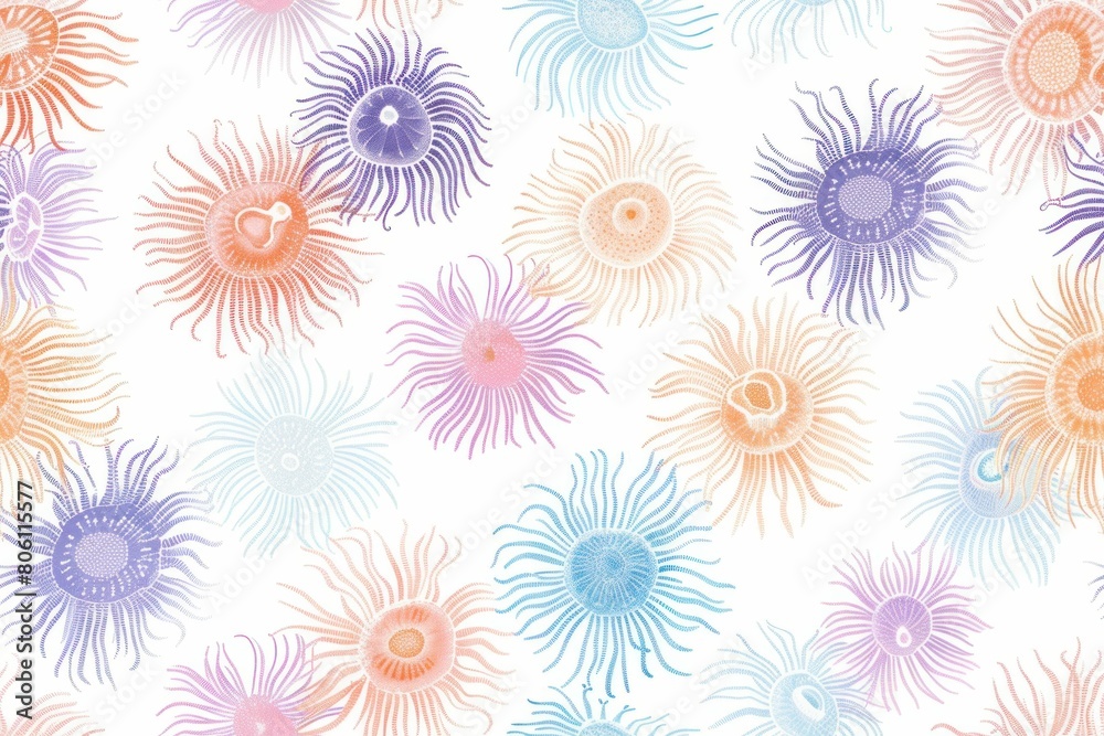 Colorful Sea Urchins Seamless Pattern on White Background Vibrant Marine Life Illustration for Design and Decoration