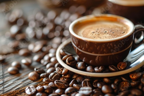 Aromatic Espresso Delight in a Classic Brown Cup Amid Coffee Beans