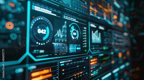 AI system interface analyzing complex data. Making autonomous decisions for smart actions. Advanced AI interface for complex data analysis and autonomous decision-making power. Data-driven AI.