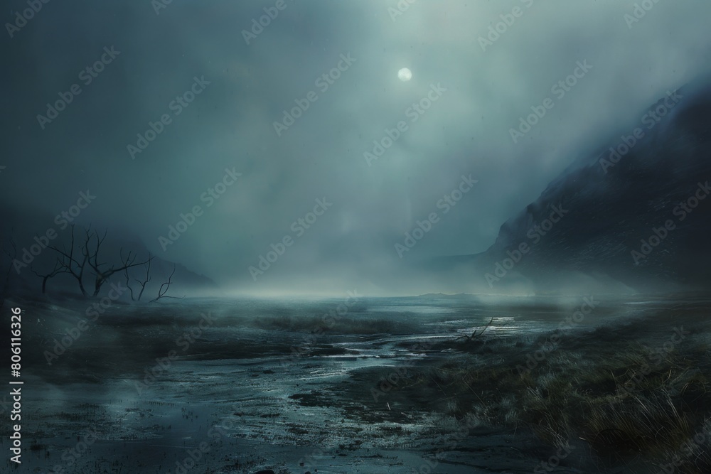 Fototapeta premium A dark and stormy night with a large moon in the sky