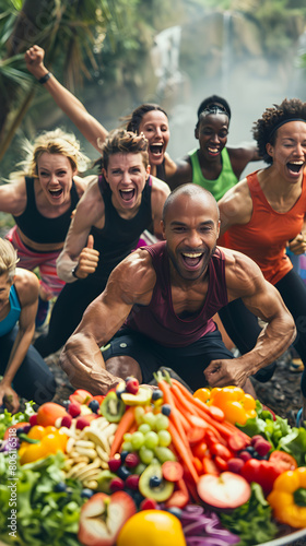 The Healthy Balance: People Exercising Outdoors Combined with a Nutritious Salad, Promoting Weight Loss