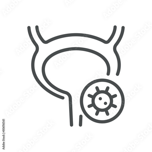 Bladder Virus Infection Icon. Line Illustration of a Bladder with Virus Particle, Representing Viral Infections in the Urinary Tract. Healthcare and Medical Education Materials. Isolated Vector Sign.