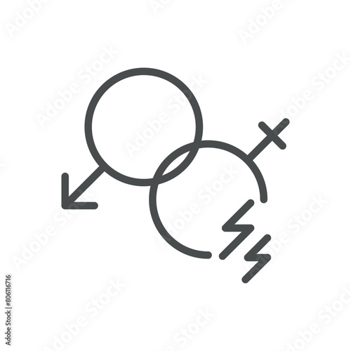 Painful Intercourse Icon. Line Vector Illustration of Gender Symbols with Pain Indicator, Symbolizing Sexual Discomfort During Intimacy. Dyspareunia Isolated Outline Sign.