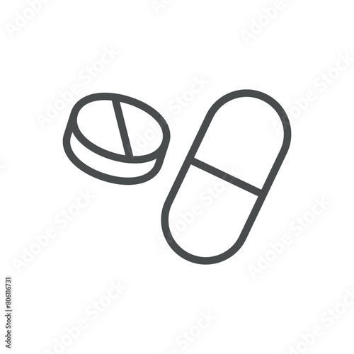 Painkillers Icon. Line Vector Illustration of Pills, Symbolizing Pain Relief and Medication. Isolated Outline Sign.