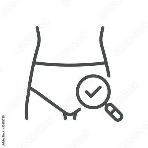 Physical Pelvic Examination Icon. Line Vector Illustration of Pelvis with Magnifying Glass and Check Mark, Symbolizing Medical Check-Up and Health Evaluation. Isolated Outline Sign.