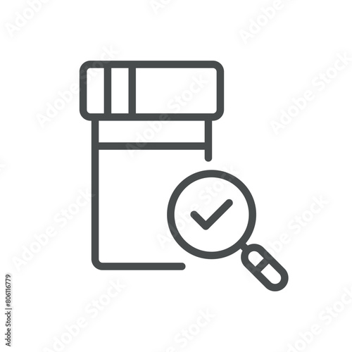 Urine Lab Test Results Icon. Line Vector Illustration of Urine Sample Jar with Check Mark, Symbolizing Test Completion and Health Diagnosis. Isolated Outline Sign.