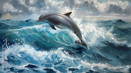 A playful dolphin leaping gracefully out of the shimmering ocean waves  a symbol of freedom and joy.