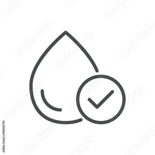 Water Balance Check Icon. Line Vector Illustration of Water Drop with Check Mark, Symbolizing Hydration and Fluid Management. Isolated Outline Sign.