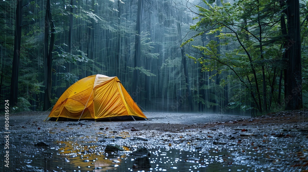 Rainy Retreat: Illuminated Tent in Misty Forest