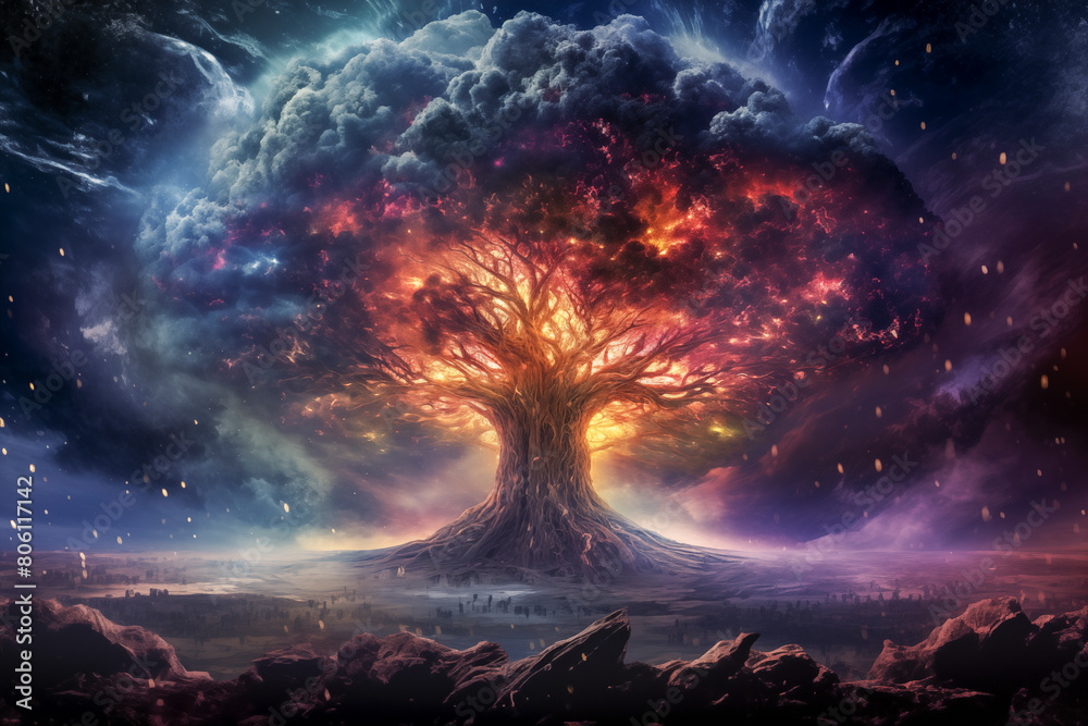 Cosmic nebula growing gigantic tree, growing on asteroid,Tree of Life, Art Design Cosmic nebula growing gigantic tree, growing on asteroid,Tree of Life, Art Design