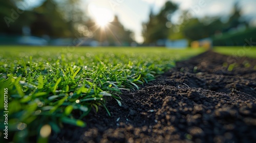 Lush green grass growing beside freshly tilled soil in an early morning light. Lawn care and gardening concept. Design for landscaping services, gardening tips brochures photo