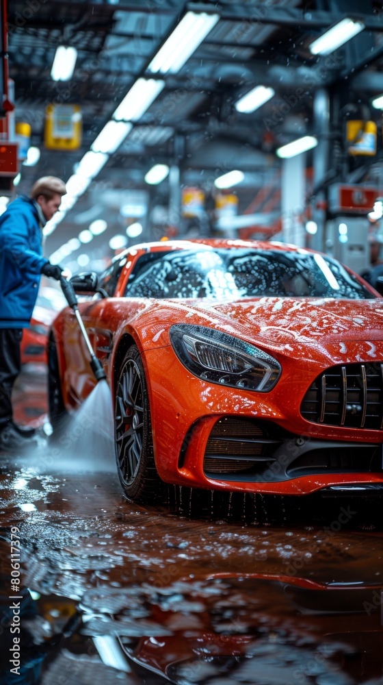 Obraz premium Expert Car Detailer Cleaning Red Modern Sports Car with Pressure Washer
