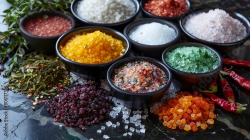 A colorful assortment of gourmet salts, raw sugars, and dried chili peppers, offering a selection of premium ingredients for culinary enthusiasts. photo