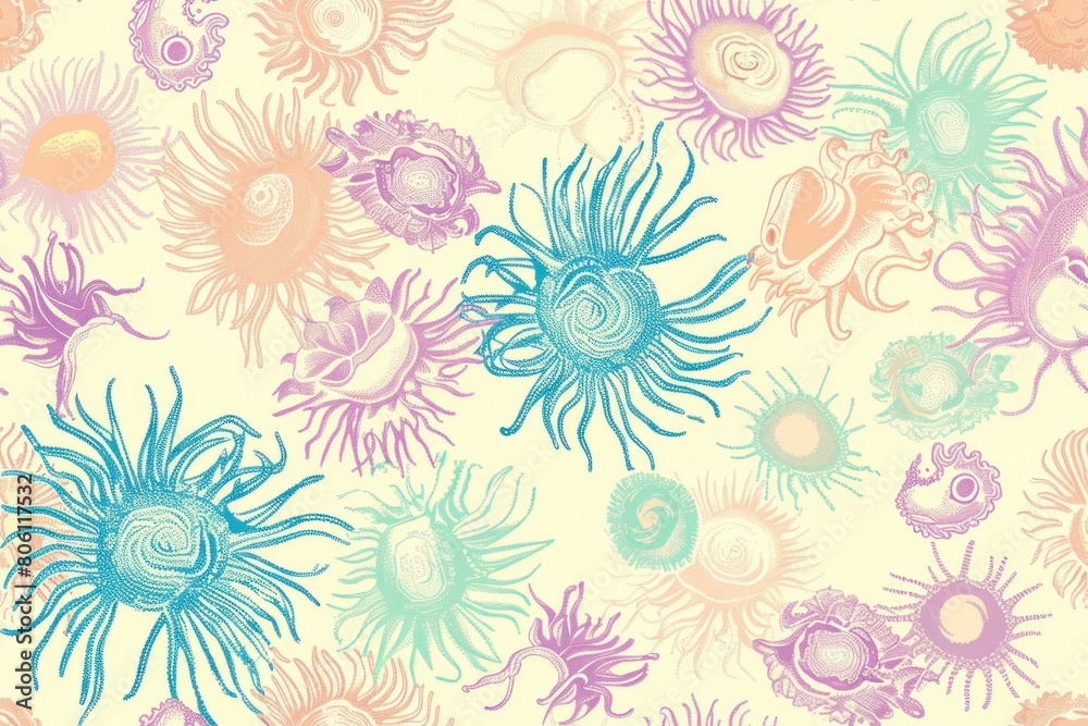 Colorful Sea Urchins Seamless Pattern on Beige Background Vibrant Underwater Design for Textiles and Print Materials