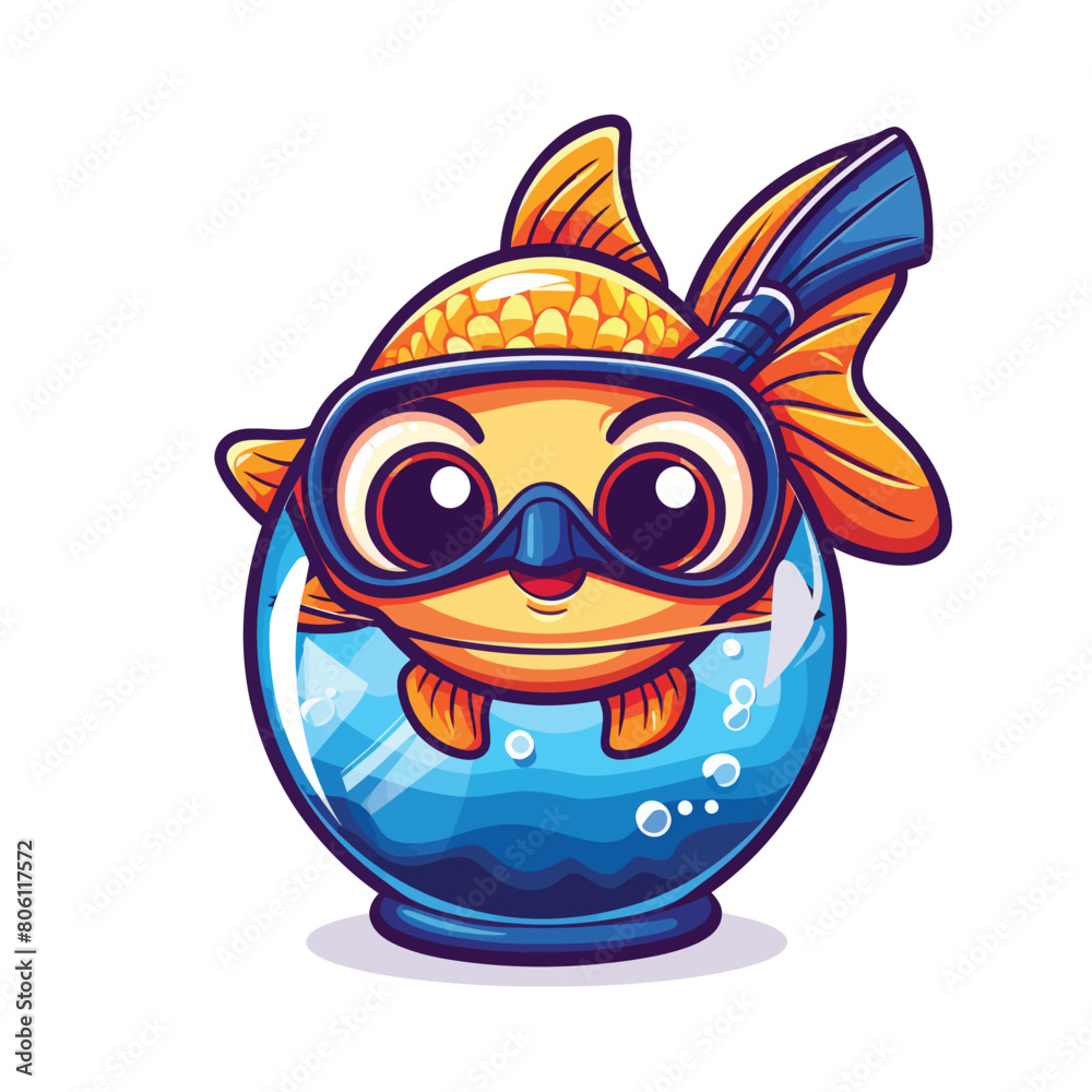 kawaii cute vector logo sticker of fish wearing a snorkel glass