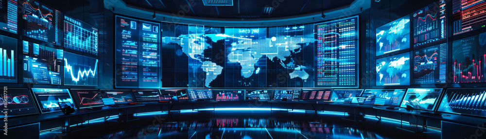 A high-tech finance center with digital screens displaying global financial markets and international investment flows A high-tech finance center with digital screens displaying global financial markets and international investment flows