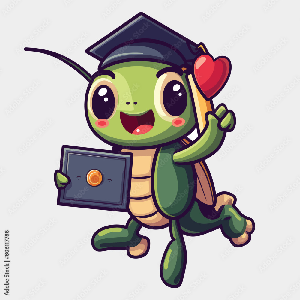 kawaii cute vector logo sticker of grasshopper wearing a hat graduation kawaii cute vector logo sticker of grasshopper wearing a hat graduation