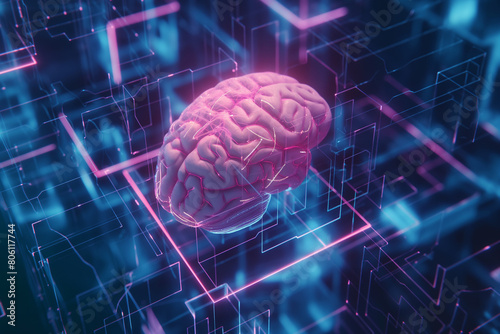 brain at the center of a futuristic cube-shaped network photo