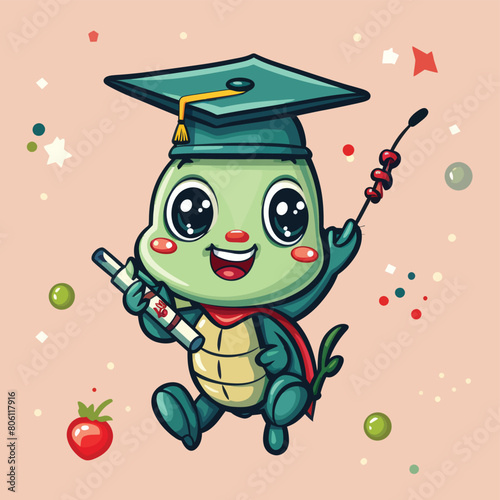 kawaii cute vector logo sticker of grasshopper wearing a hat graduation