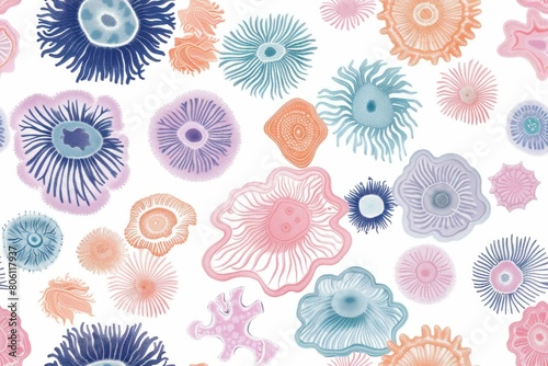 Colorful Sea Urchins Seamless Pattern on White Background with Blue, Pink and Orange Colors