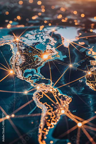 A world map connecting countries with lines and nodes to depict trade policies and foreign investment networks