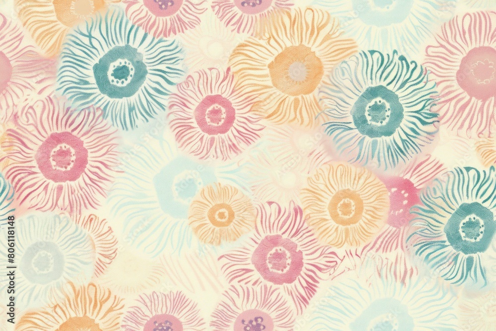 Colorful Floral Pattern on Beige, Pink, Blue, and Orange Background, Vibrant and Cheerful Botanical Design for Backgrounds and Textiles