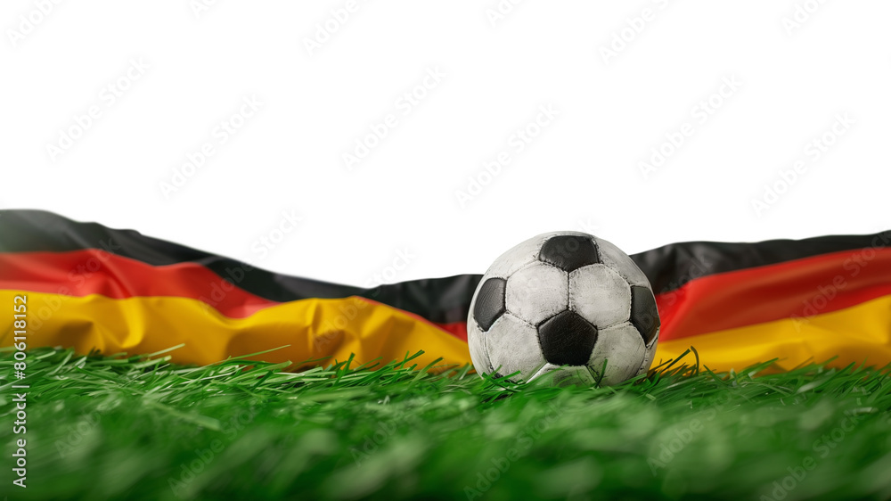 Fototapeta premium German soccer ball and flag with green grass isolated on free PNG Background. Copy space.