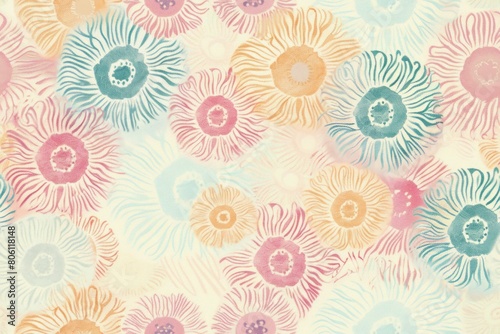 Colorful Floral Pattern on Beige  Pink  Blue  and Orange Background  Vibrant and Cheerful Botanical Design for Backgrounds and Textiles