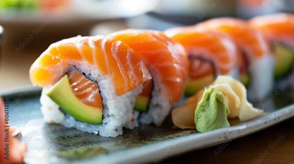 A colorful salmon and avocado sushi roll, filled with fresh ingredients and served with pickled ginger and wasabi for a traditional Japanese meal. A colorful salmon and avocado sushi roll, filled with fresh ingredients and served with pickled ginger and wasabi for a traditional Japanese meal.