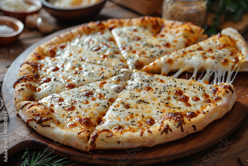A cheese pizza, with strings of melted mozzarella stretching from slice to mouth.