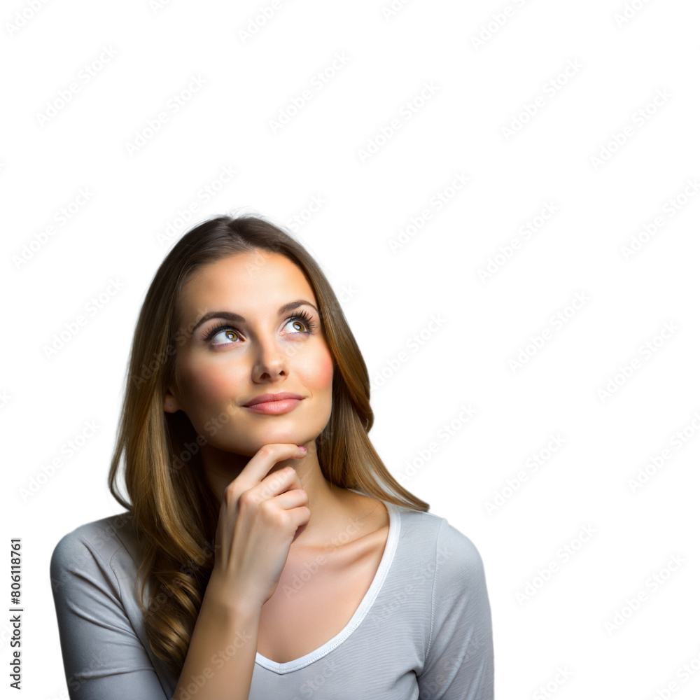 Young Woman Contemplating With a Hand on Chin Against Transparent Background Young Woman Contemplating With a Hand on Chin Against Transparent Background