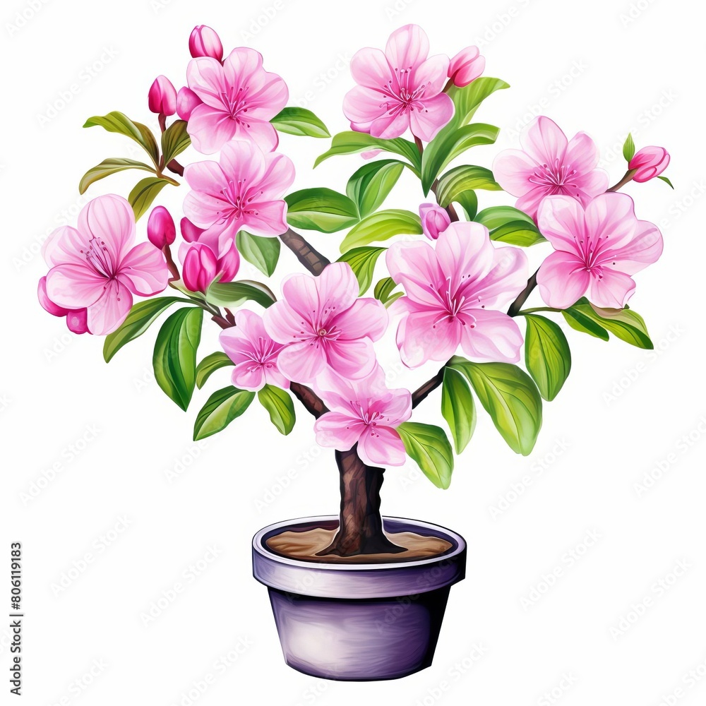 An illustration of a potted pink azalea plant in full bloom. The plant has green leaves and the pot is a dark color, on white background An illustration of a potted pink azalea plant in full bloom. The plant has green leaves and the pot is a dark color, on white background