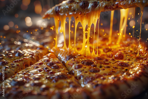 A cheesy pizza slice being pulled away, leaving behind a trail of melted cheese.