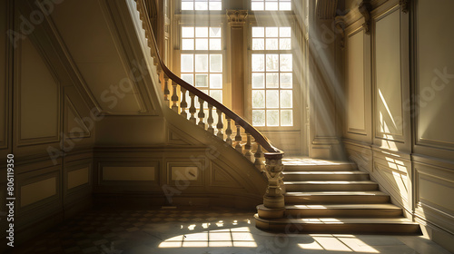 Beige colored stairs in old vintage interior sunlight coming out of the window