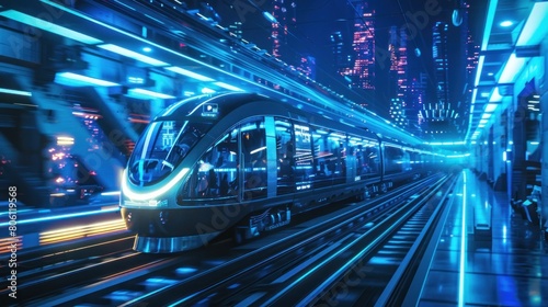 Cyberpunk modern fast train with future technology stops at the station background wallpaper AI generated image photo