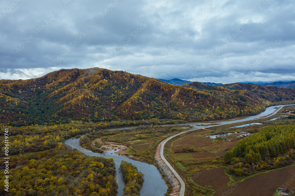 Aerial photography of the forest in autumn in the hinterland of Xiaoxinganling, Yichun City, Heilongjiang Province
