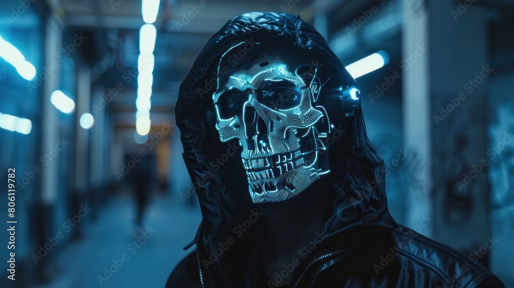 A mysterious person in a shiny metal skull mask and wearing a black hoodie AI generated image A mysterious person in a shiny metal skull mask and wearing a black hoodie AI generated image