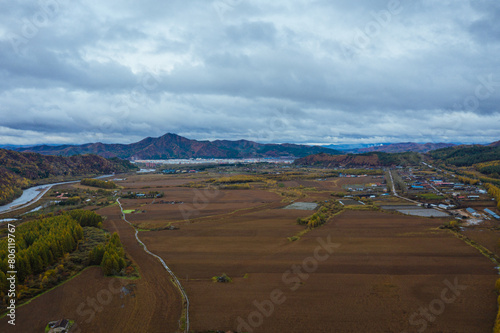 Aerial photography of the forest in autumn in the hinterland of Xiaoxinganling, Yichun City, Heilongjiang Province photo