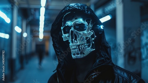 A mysterious person in a shiny metal skull mask and wearing a black hoodie AI generated image