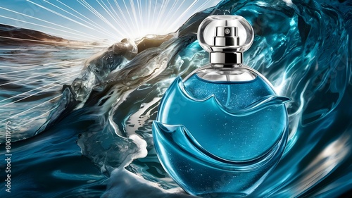 transparent spray bottle of perfume close up backdrop of sea in sun. Presentation of unisex perfumes in sea environment.