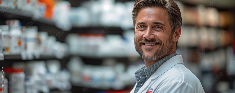 Confident male pharmacist in white coat Confident male pharmacist in white coat