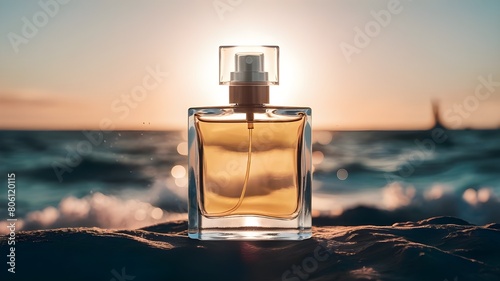 transparent spray bottle of perfume close up backdrop of sea in sun. Presentation of unisex perfumes in sea environment.