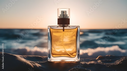 transparent spray bottle of perfume close up backdrop of sea in sun. Presentation of unisex perfumes in sea environment.