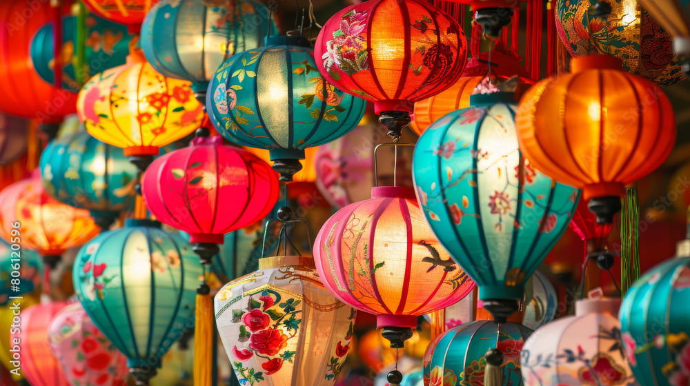 A dynamic display of traditional Chinese lanterns in various colors and patterns, creating a festive mood