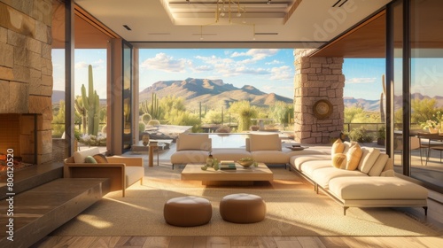A contemporary desert oasis living room with earthy tones, Southwestern decor, and panoramic desert views, blending luxury with natural beauty. photo