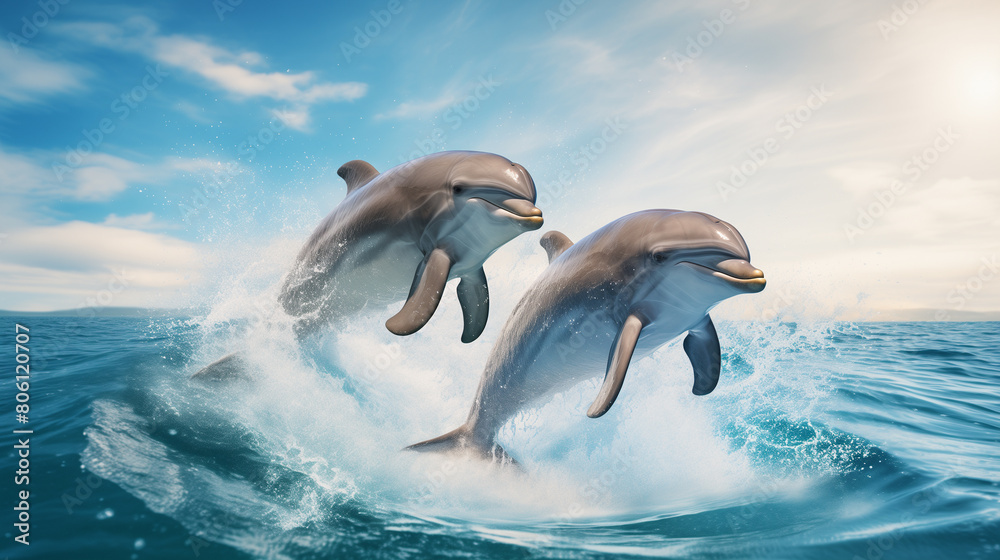Fototapeta premium A pair of dolphins jumps out of blue sea waves on a sunny day